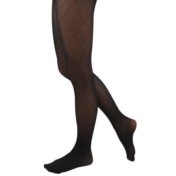 Medium Large Linear Argyle Sheer Black Tights USA - Picture 3 of 6
